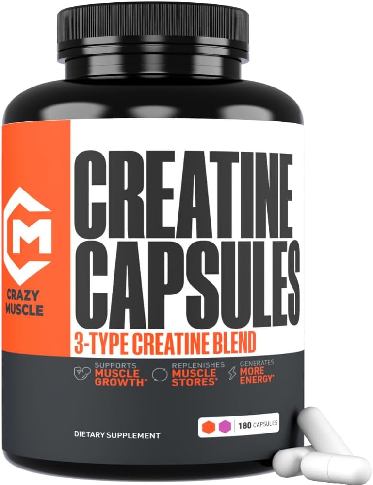Creatine Capsules, 5g Premium 3X ThreeAtine Pre Workout Bulk Muscle Mass Gainer, High Absorption Easy to Take Creatine Monohydrate Pills Alternative Optimum Performance for Men Women, 180 Capsules