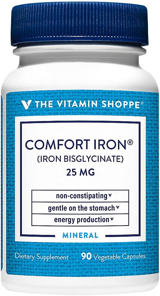 The Vitamin Shoppe Comfort Iron 25MG, Clinically Studied Iron Bisglycinate, Energy Production & Immune Support, Gentle & Non-Constipating Supplement (90 Veggie Capsules)