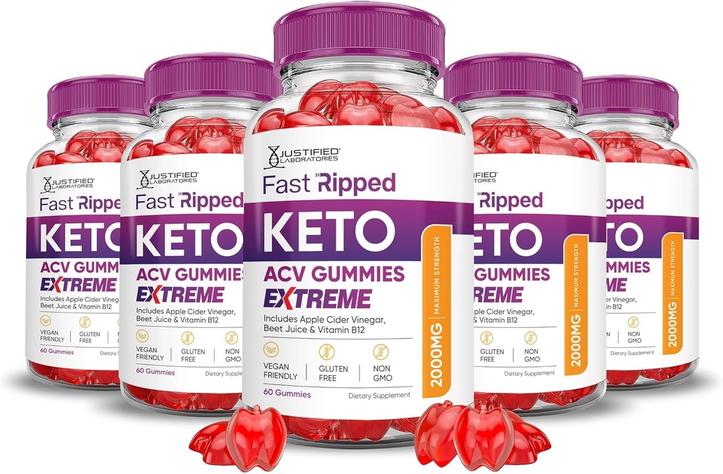 Justified Laboratories (5 Pack Fast Ripped Keto ACV Gummies Extreme 2000MG Fast Ripped Keto Gummies Apple Cider Vinegar Formulated with Pomegranate Beet Juice Powder B12 Vegan Non GMO 300 Gummys