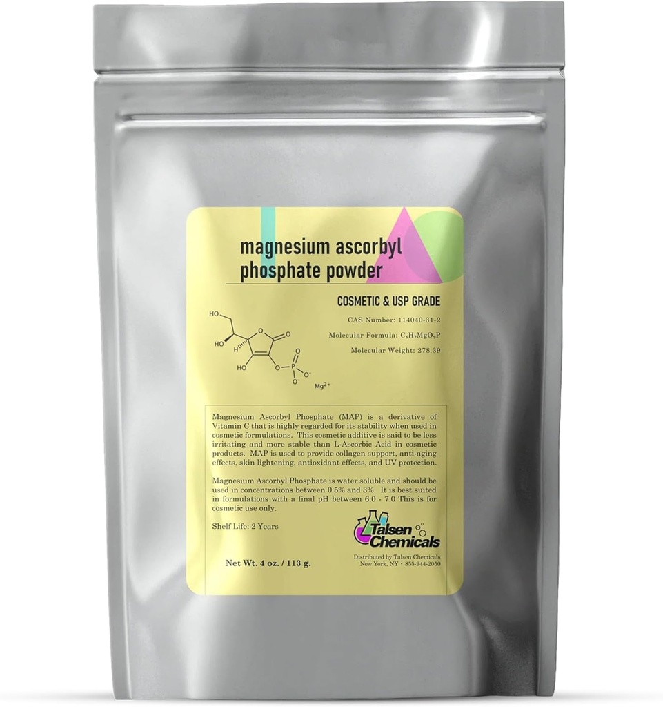 Magnesium Ascorbyl Phosphate Powder, Magnesium Ascorbyl Phosphate Stable Vitamin C, Magnesium Ascorbyl Phosphate MAP Powder for DIY Skincare Products Talsen Chemicals (4 Ounce / 113 Grams)