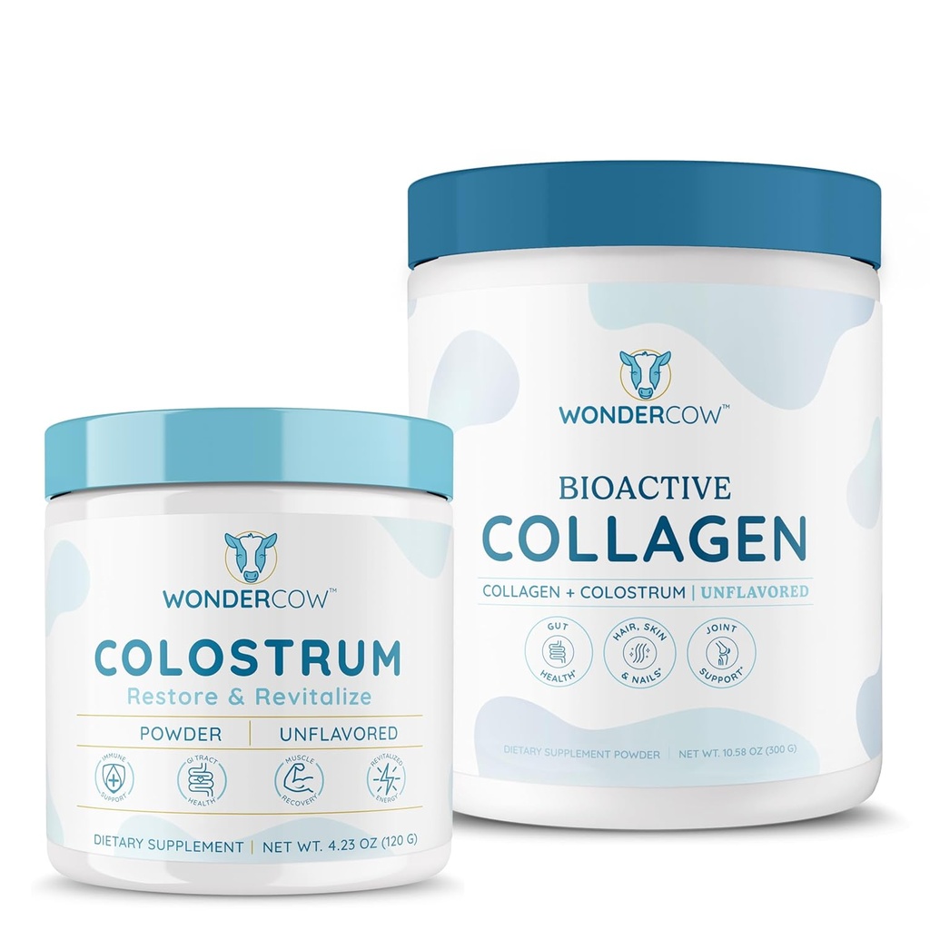 WONDERCOW Whole Colostrum Powder + Hyrdolyzed Collagen Peptides for Gut Health, Immune Support & Hair Skin & Nails Support