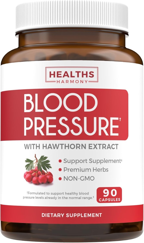Blood Pressure Support Supplement (NON-GMO) Premium Natural Herbs, Vitamins & Berries - High Dosage of Hawthorn Berry Extract – Supports Blood Pressure Levels Already In The Normal Range – 90 Capsules
