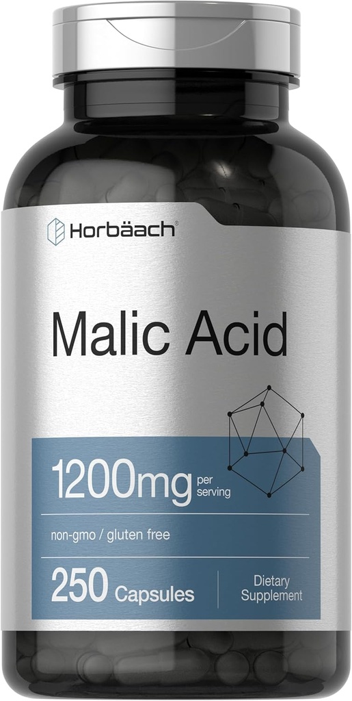 Horbäach Malic Acid Capsules | 1200mg | 250 Count | Non-GMO and Gluten Free Supplement