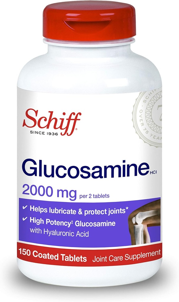 Schiff Glucosamine 2000mg (per Serving) + Hyaluronic Acid Tablets (150 Count in a Bottle), Joint Care Supplement That Helps Support Joint Mobility & Flexibility, Supports The Structure of Cartilage