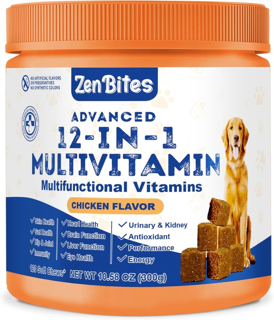 12-in-1 Dog Vitamins & Probiotics 120 Soft Chews - Organic Multivitamin with Glucosamine for Dogs - Joint Support Supplement for Dogs of All Ages,Sizes, & Breeds,Supports Skin,Heart,Immunity