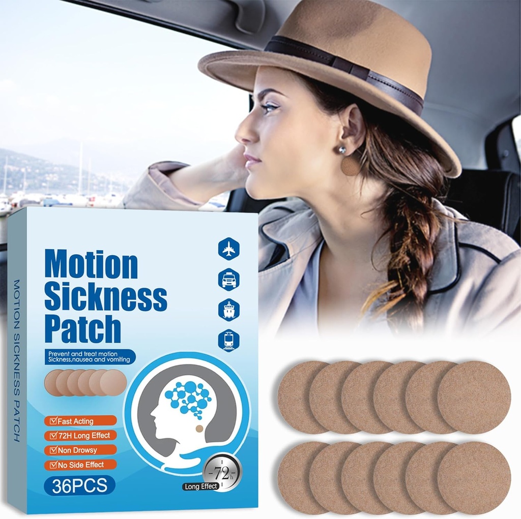 Motion Sickness Patches - Dizziness Vertigo & Nausea Relief - Motion Sickness Patches For Cruise Car And Boat Rides And Airplane Trips, Behind Ear Patches Motion Sickness For Adults And Kids, 36 Count