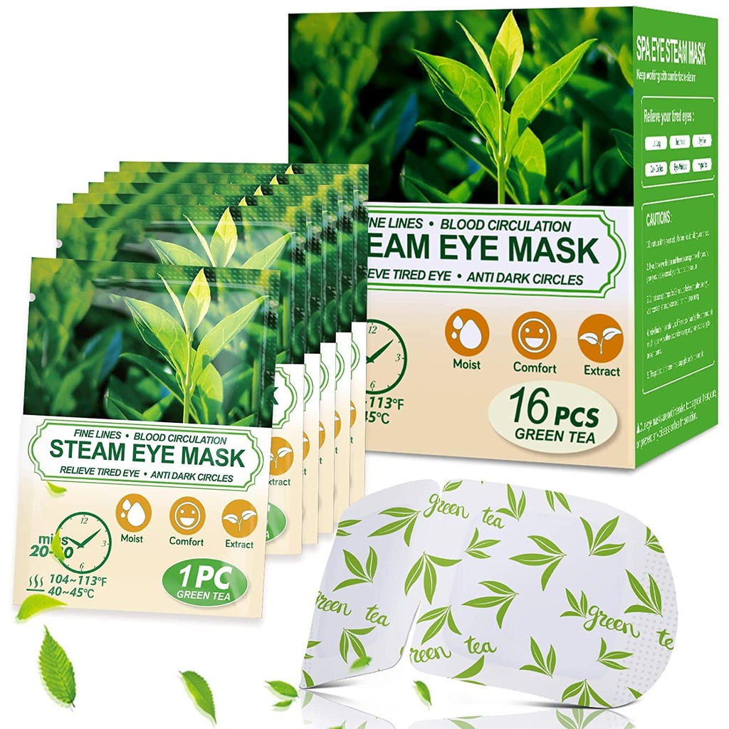 16 Packs Steam Eye Masks for Dry Eyes, Green Tea Warm Eye Mask, Relief Eye Fatigue & Puffy Eyes, Moist Heating Compress for Eyes, Self Heated Eye Mask, Disposable Travel Essentials & Relaxation Sets