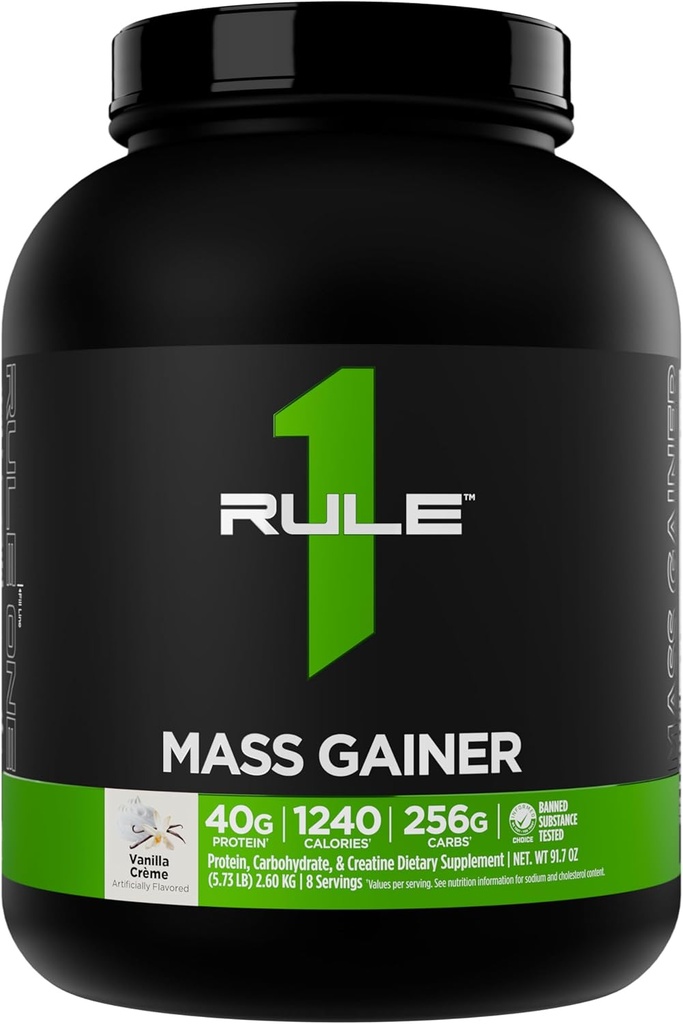 Rule 1 Mass Gainer - High-Calorie Weight Gain Formula with 1,220+ Calories, 250g+ Complex Carb Blend, 40g All-Whey Protein Per Serving (8 Servings, Vanilla Crème)