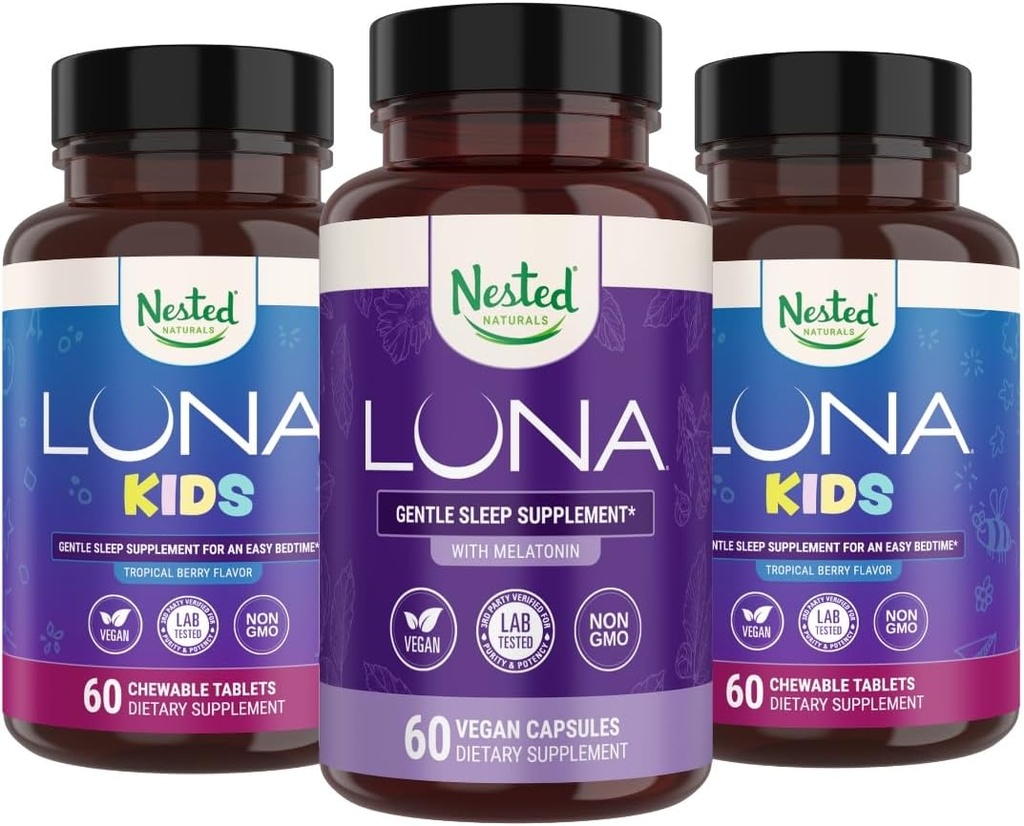 Nested Naturals Luna Kids Sleep Supplement (60 Chewable Tablets) & Luna Natural Sleep Aid (60 Vegan Capsules)