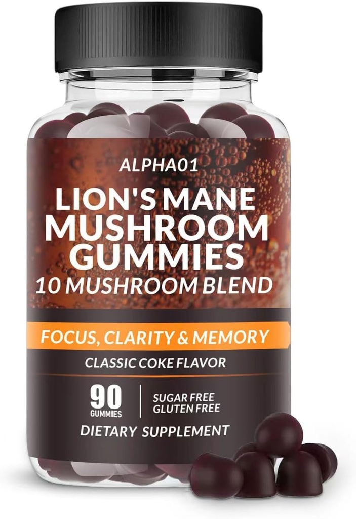Mushroom Gummies - 10x Mushroom Supplement with Ashwagandha and Lions Mane - Nootropic Brain Supplement, Immune Support & Stress Relief (90 CT) Classic Coke