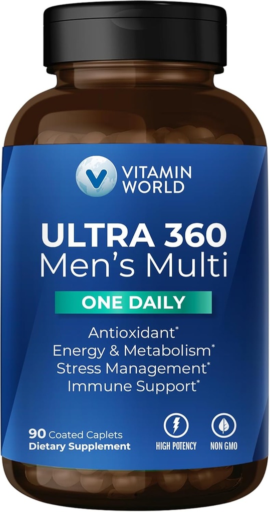 Vitamin World Ultra 360 Multivitamin for Men One Daily, Men's Multivitamin with Minerals, Herbs & Antioxidants, Daily Supplement with Vitamin A, C, D, E & Zinc for Energy & Immune Support, 90 Caplets