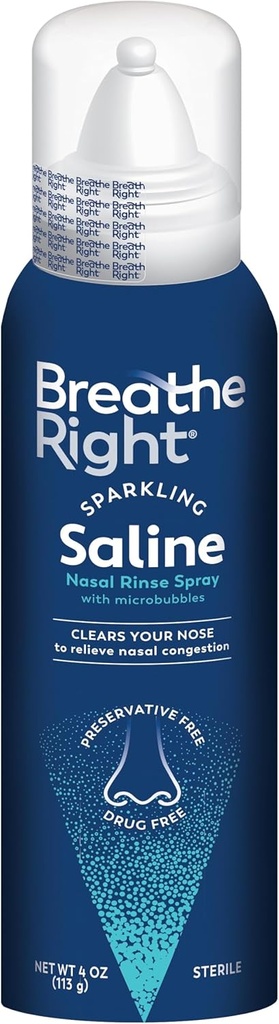 Breathe Right Sparkling Saline Nasal Rinse Spray – Effervescent, Drug-Free Relief from Stuffy Nose Due to Cold or Allergy – A Sparkling Sensation Only Bubbles Can Bring – 1 Can, 4.0 oz
