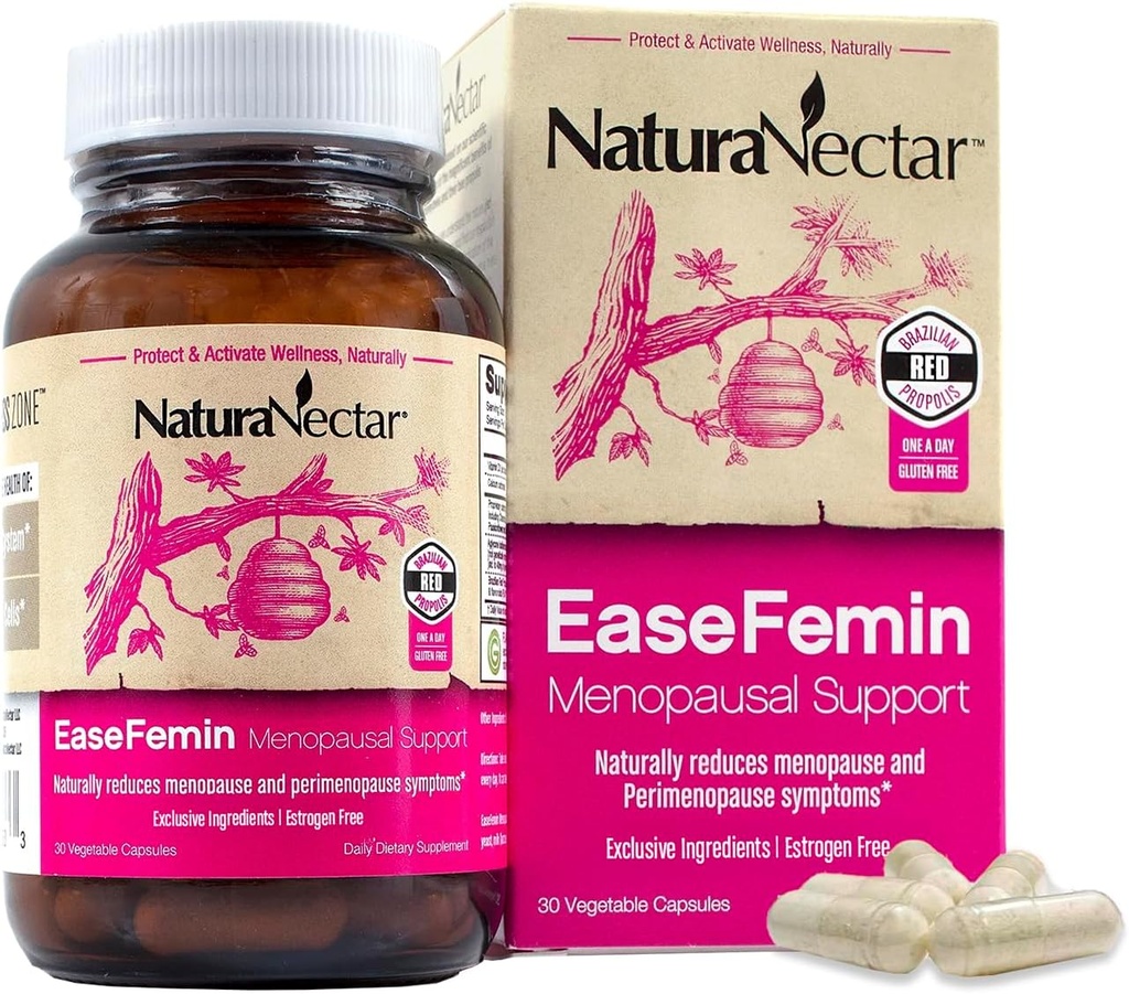 NaturaNectar - EaseFemin Menopausal Support Supplements for Women - Estrogen-Free Red Bee Propolis Capsules for Hot Flashes & Night Sweats - Natural and with Proprietary Calming Herbal Blend (30pcs.)