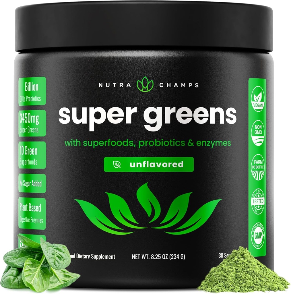 NutraChamps Super Greens Powder Premium Superfood | 20+ Organic Green Veggie Whole Foods | Wheat Grass, Spirulina, Chlorella | Antioxidant, Digestive Enzyme & Probiotic Blends (9.0 Oz, Unflavored)