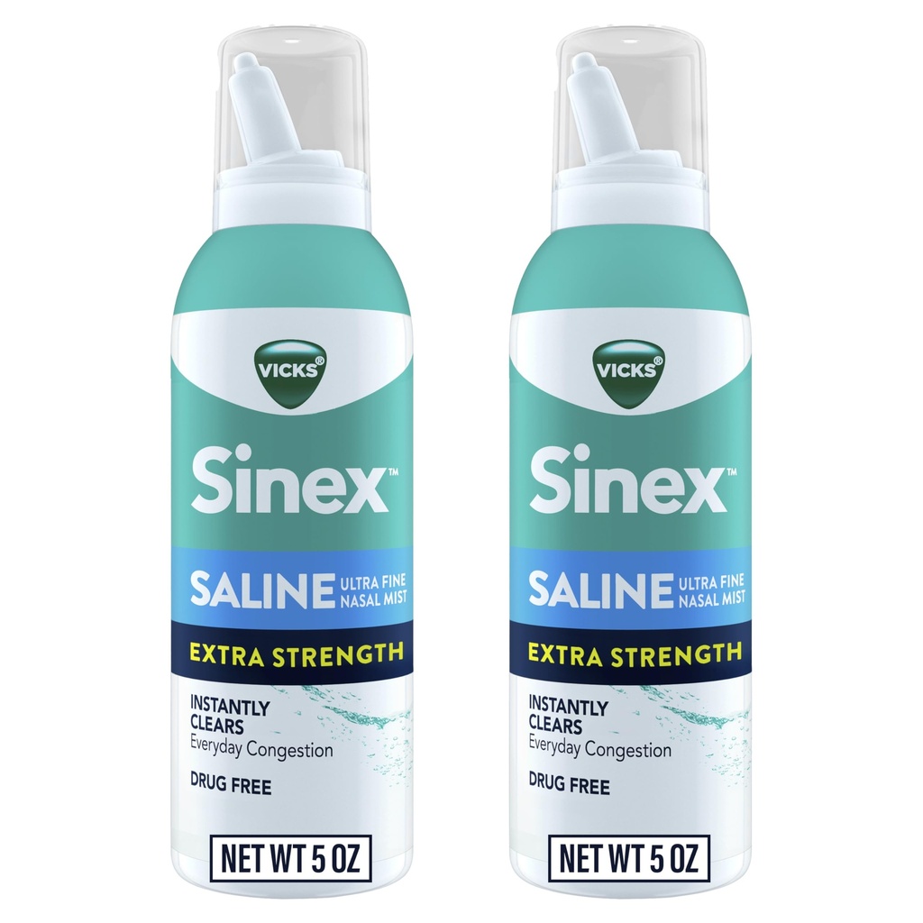 VICKS Sinex Saline Extra Strength Nasal Spray, 3X Concentrated* Drug Free Ultra Fine Mist, Instantly Clears Mucus, Ultra Concentrated to Clear Congestion Fast, Safe For Daily Use, 5 OZ x 2