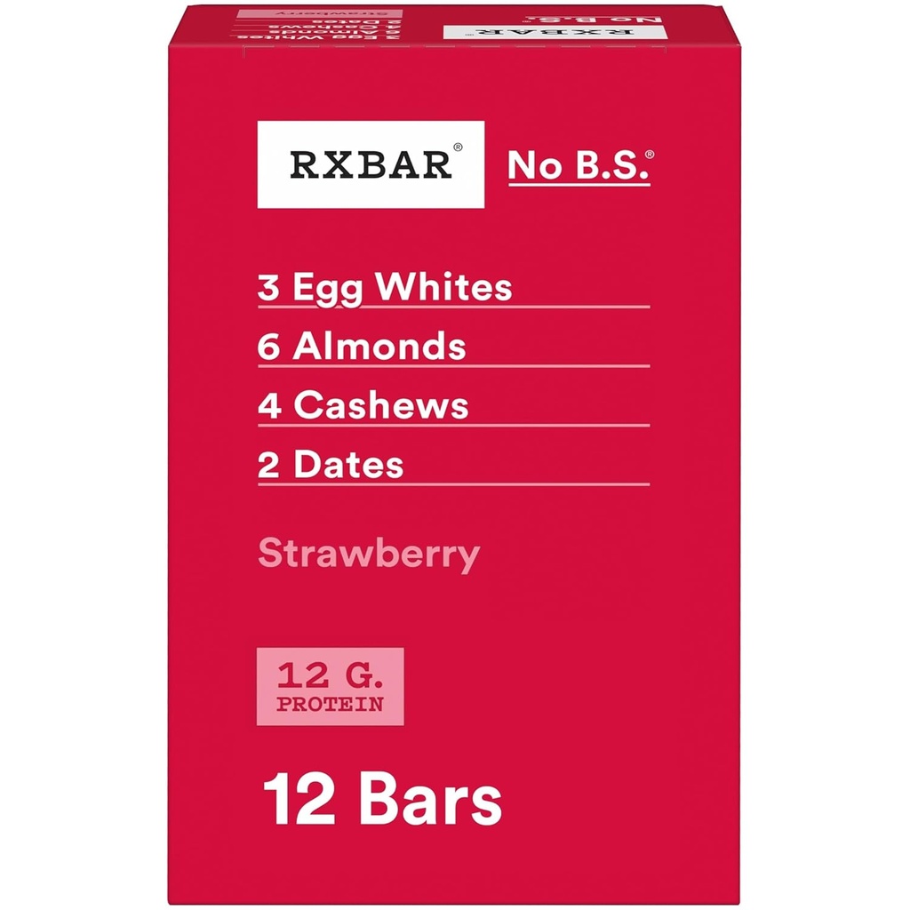 RXBAR Protein Bars, 12g Protein, Gluten Free Snacks, Strawberry, 22oz Box (12 Bars)