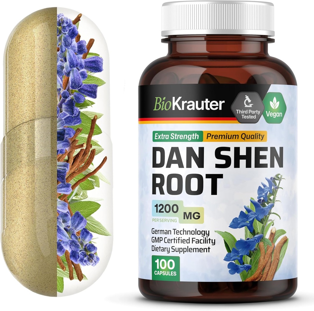 BIO KRAUTER Dan Shen Root Capsules - 1200 mg Strength - 100 Red Sage Caps - Antioxidant Source - Salvia Miltiorrhiza Root - Vegan