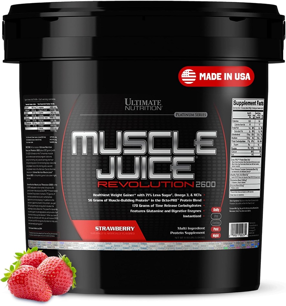 Ultimate Nutrition Muscle Juice 2600 Revolution, Weight Gain Drink Mix - Mass Gainer Workout Powder Supplement for Lean Muscle Growth & Recovery with 56g Protein Blend - Strawberry, 11.105lb