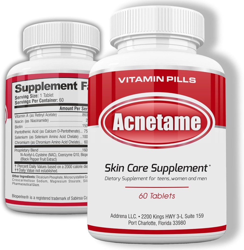 Acne Pills- Vitamin Supplements for Acne Treatment- Natural Clear Skin from Hormonal Cystic Pimples- Oily Skin Vitamins Pill for Women, Teen, Men, & Adults 60 Tablets
