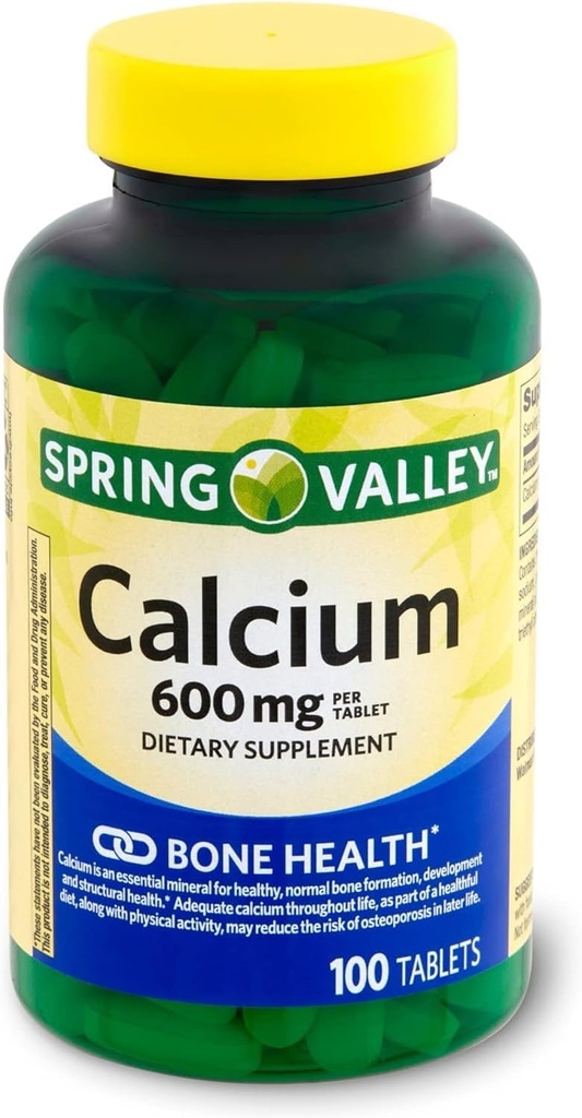 Spring Valley Calcium 600 mg, Tablets Dietary Supplement, Bone Health, 100 Count +