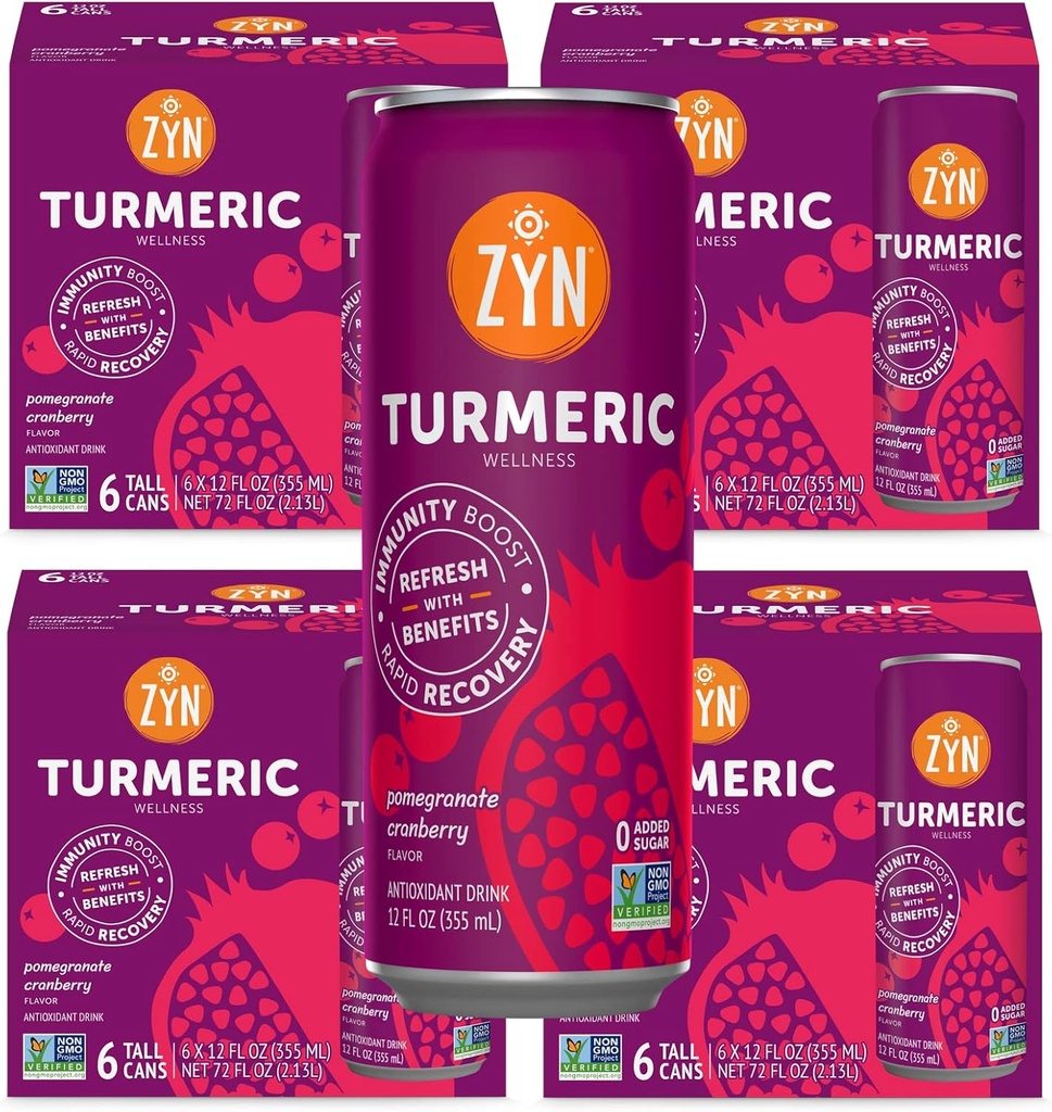 ZYN Turmeric Wellness Drink (24 Pack), Pomegranate Cranberry Flavored Turmeric Curcumin Drink with Black Pepper, No Added Sugar, Low Carb & Low Calorie Drink, Clean Alternative