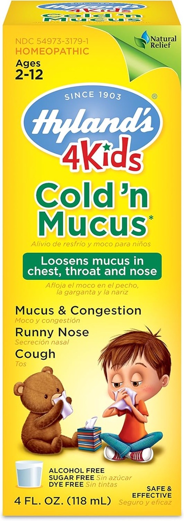 Hyland's Cold Medicine for Kids Ages 2 and up, Cold 'n Mucus Relief Liquid, Natural Relief of Mucus and Congestion, Runny Nose, Cough, 4 Ounces