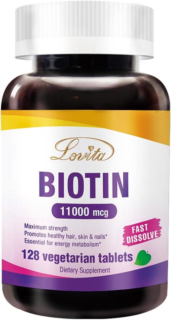 LOVITA Maximum Strength 11,000mcg Biotin: Fast-Dissolving, Vegetarian Tablets - Easily Absorbed, Gluten & Dairy-Free, 128 Vegan-Friendly Tablets