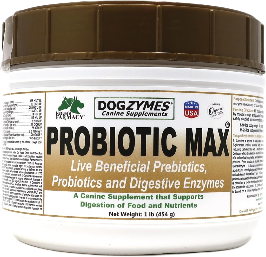 Dogzymes Probiotic Max -10 Billion CFU's Probiotics, Prebiotics, Digestive Enzymes - Relieves Diarrhea, Upset Stomach, Constipation, Gas, Allergy, Immunity & Overall Health 1 Pound