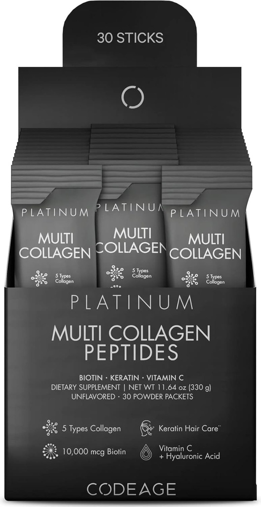 Codeage Multi Collagen and Biotin 10,000 mcg + Vitamin C, B6 & D3, Keratin, Hyaluronic Acid, Niacin, 18 Amino Acids - Stick Packs Supplement - 5 Types Collagen Protein – 30 Powder Packets