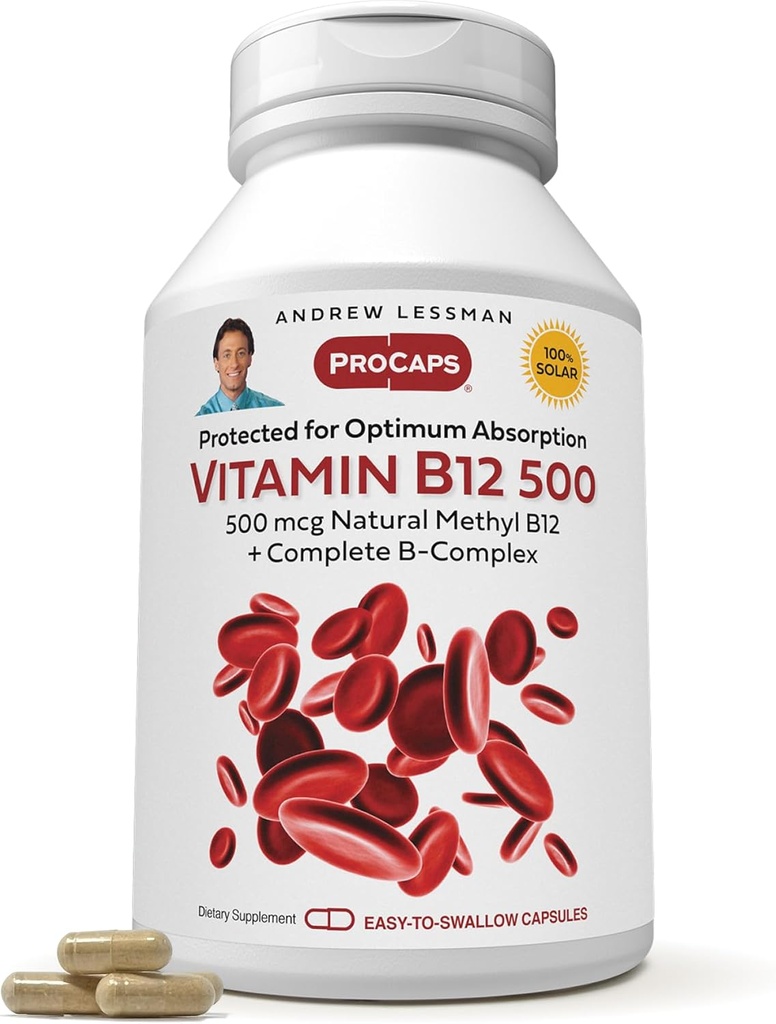 ANDREW LESSMAN Vitamin B12 500 180 Capsules - Absorption-Protected Methylcobalamin (Natural Coenzyme Vitamin B12), Essential for Energy and Stress Support, Plus B-Complex, Easy to Swallow Capsules