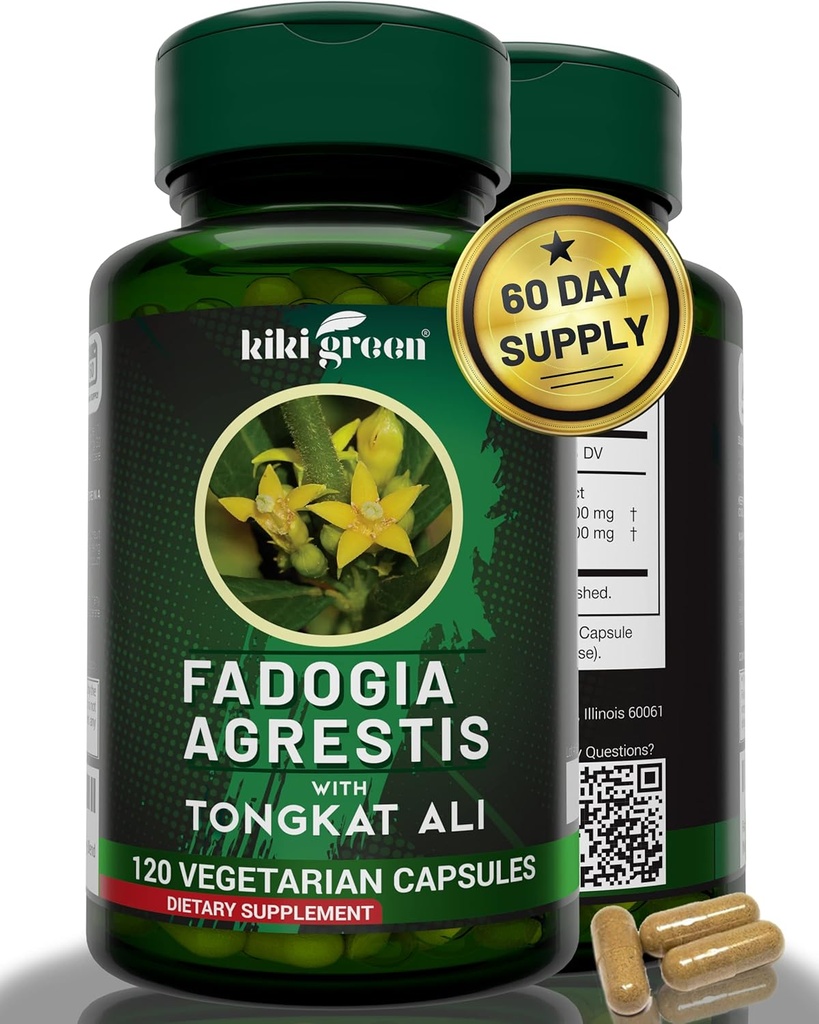 KIKI Green Fadogia Agrestis and Tongkat Ali Herbal Supplement - 1000mg Per Serving - 120 Vegan Capsules for Daily Boost and Vitality