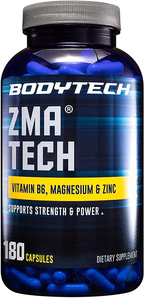 BODYTECH ZMA-Premium Zinc, Magnesium, and Vitamin B6 Supplement to Support Enhanced Muscle Recovery, Improved Sleep Quality, and Optimal Immune Health, Boosts Muscle Strength (180 Capsules)