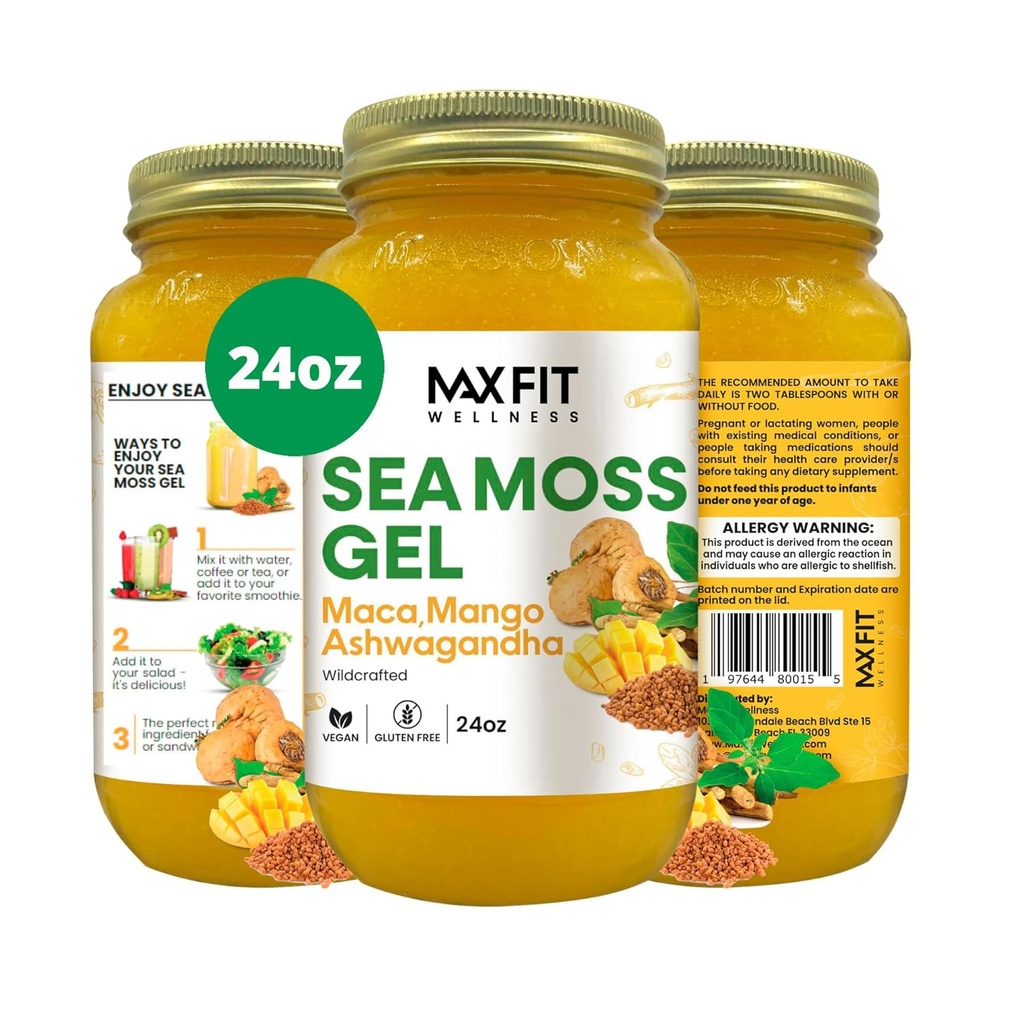 MAX FIT Sea Moss Gel Maca Ashwagandha 24oz Wildсrafted Gold Sea Moss Gel from Saint Lucia | 92 Vitamins and Minerals | Pure Raw+Non-GMO