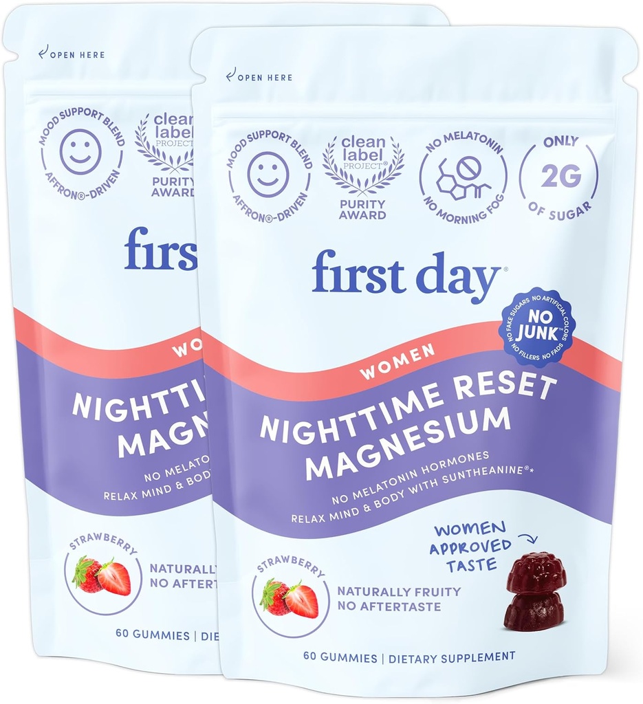 First Day Women’s Nighttime Reset Calming Magnesium Gummies – Sleep Aid Supports Peaceful Rest, Balanced Mood & Energy – Supplement with Magnesium Citrate, L-Theanine & No Melatonin – 60-Day Supply