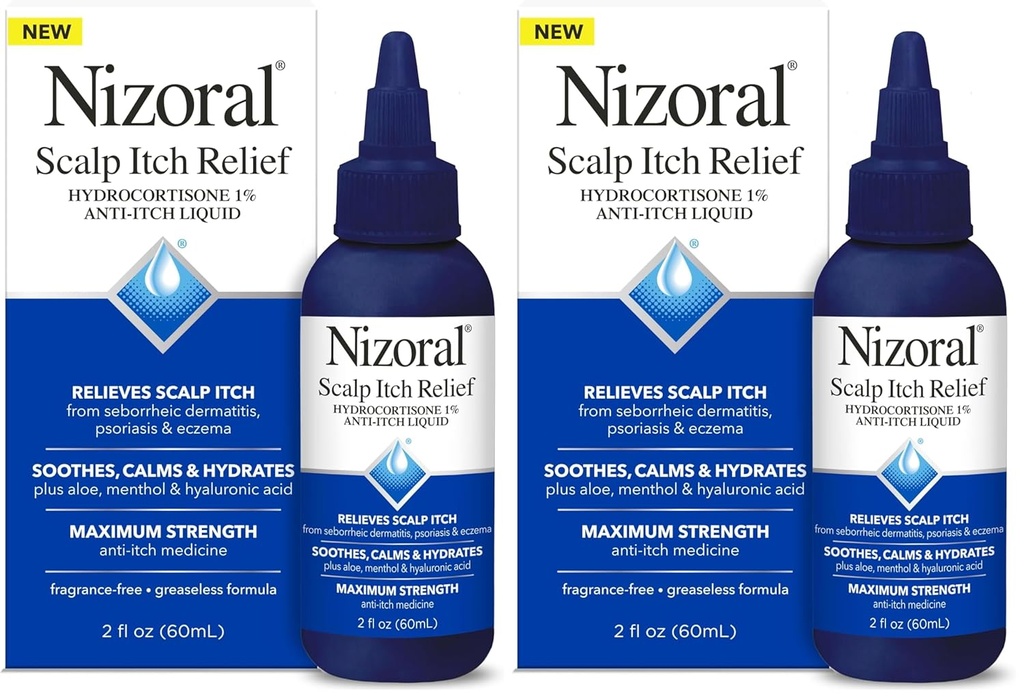 Nizoral Scalp Itch Relief Liquid—Relieves Scalp Itch and Soothes, Calms and Hydrates with Maximum Strength Anti-Itch Medicine (Hydrocortisone 1%), 2 Fl Oz (Pack of 2)