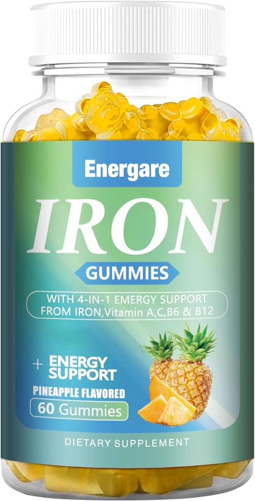1 Pack 100Mg Iron Supplement Gummies for Women & Men - Vitamin A, C, B - Energy Support for Iron Deficiency, Anemia, Adults ＆Children, Pineapple Flavor Gummy, 60 Counts