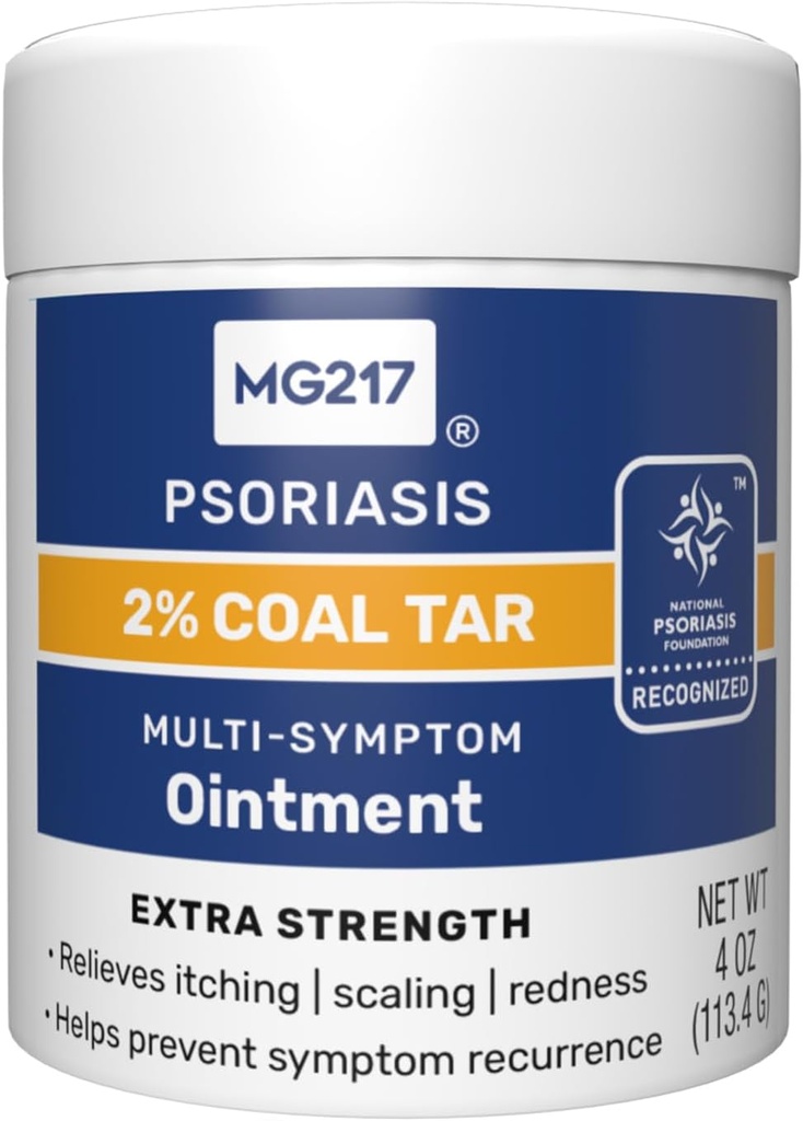 MG217 2% Coal Tar Ointment for Psoriasis, Extra Strength Multi Symptom Relief, Effectively Relieves Itching, Scaling, Redness, Vitamin A, D and E, 4 oz Jar