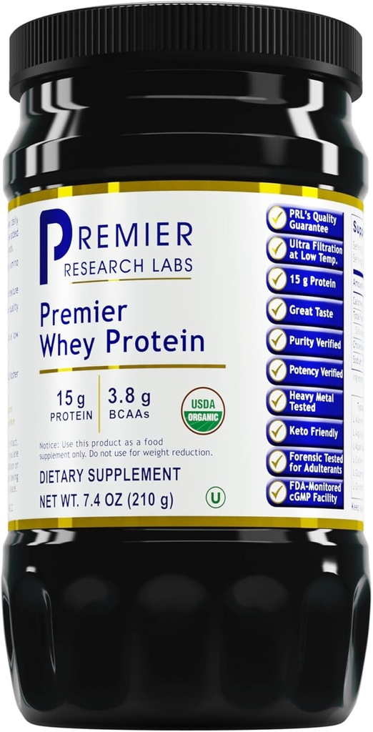 Premier Research Labs Whey Protein - Unflavored Premier Whey Protein Powder, Organic Whey Protein Concentrate, Keto Friendly, Readily Mixes with Drinks, Low Heat Filtered - 7.4 Oz