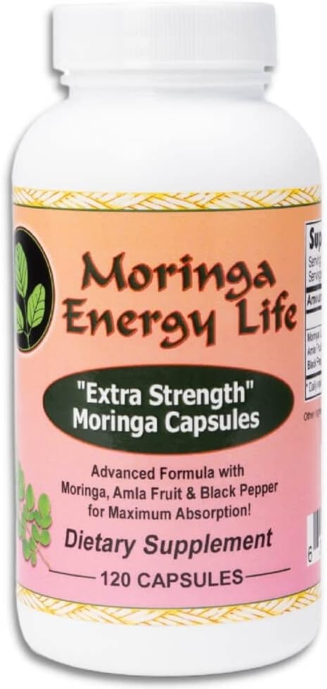 Moringa Energy Life Moringa Extra Strength Capsules 120, Moringa Oleifera Leaf, Amla Fruit, Black Pepper. Gluten-Free, Non-GMO, Vegan Supplement