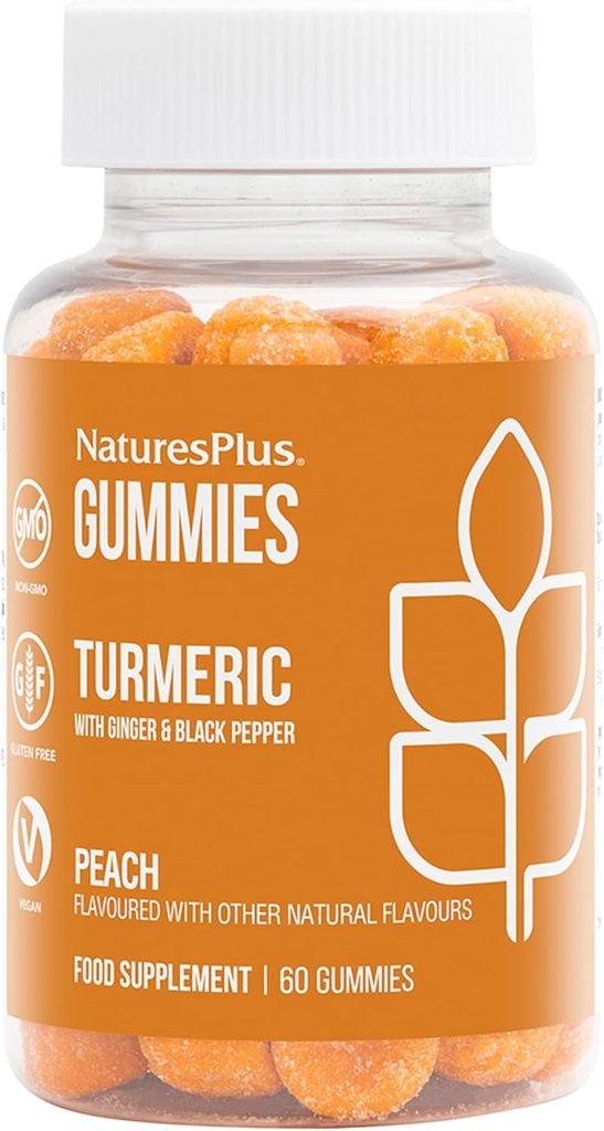 NaturesPlus Gummies Turmeric Curcumin - 60 Gummies, Peach - Supports Joint, Digestive & Cardiovascular Health - Vegan, Gluten Free, Non-GMO - 30 Servings