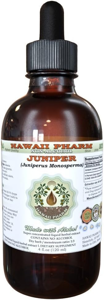 Juniper Alcohol-Free Liquid Extract, Organic Juniper (Juniperus Monosperma) Dried Berry Glycerite Hawaii Pharm Natural Herbal Supplement 4 oz