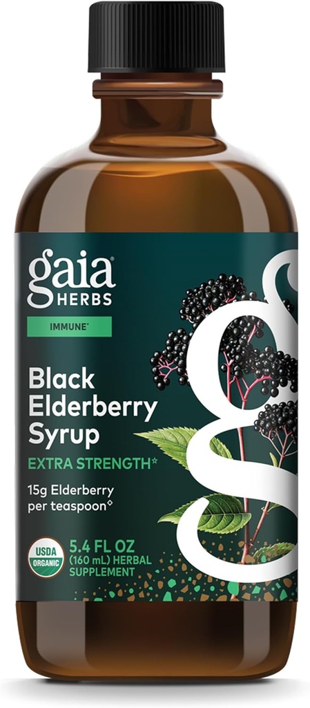 Gaia Herbs Black Elderberry Syrup - Immune Support Supplement - Made with Organic Black Elderberries (Sambucus nigra) for Immune System* - USDA Certified Organic Formula - 5.4 Fl Oz (32-Day Supply)