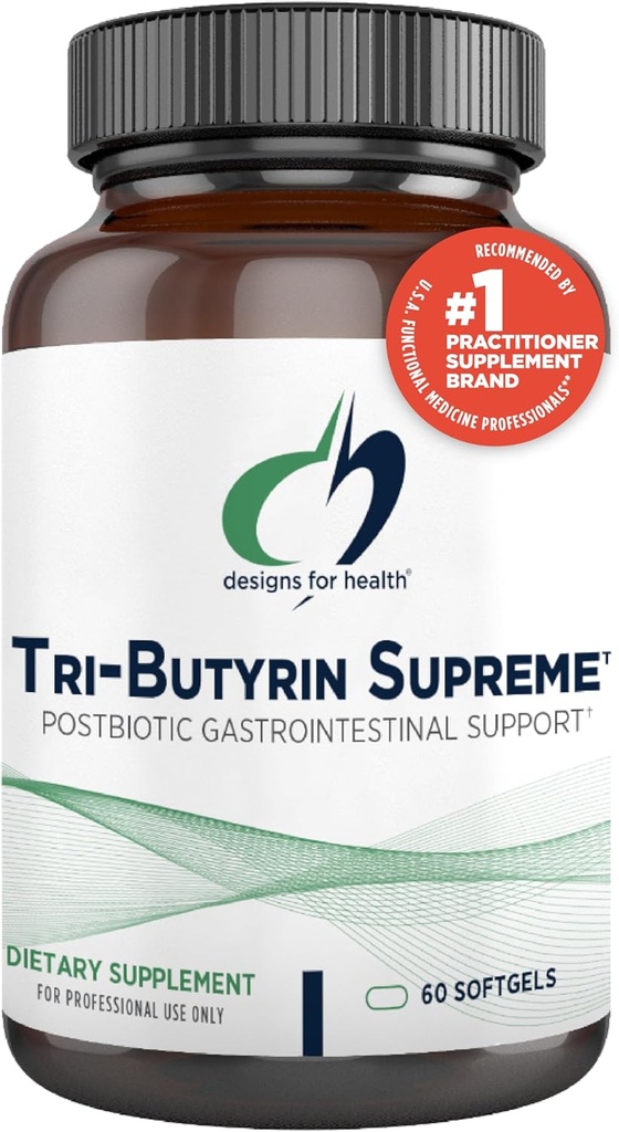 Designs for Health Tri-Butyrin Supreme - 3-in-1 Butyric Acid (Butyrate) Postbiotics for Gut Health & Gut Permeability Support - Tributyrin Supplement with Odor-Minimizing Innovation (60 Softgels)