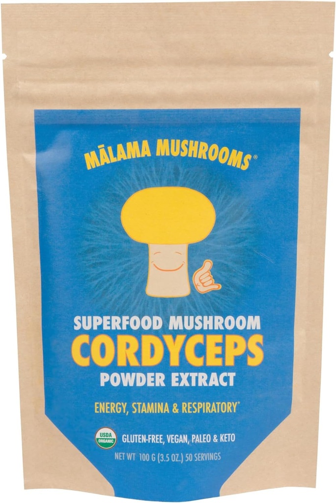 Cordyceps Extract Powder by Malama, Organic Fruiting Body Cordyceps Mushroom Powder, Superfood Adaptogenic, Supports Energy, Endurance & Mood, 100 Servings