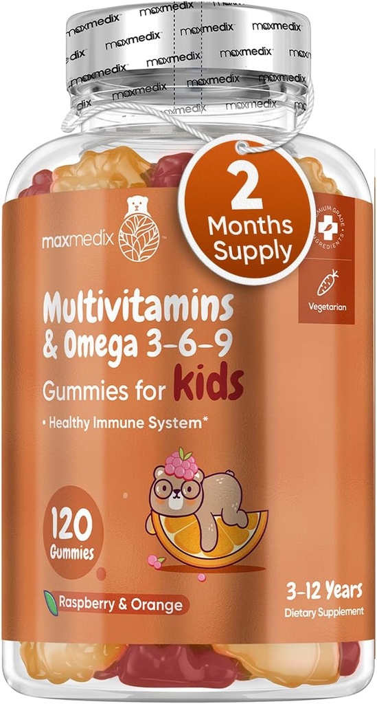 maxmedix Kids Multivitamin Gummies with Omega 3 6 9 - 120 Gummies (60 Servings) - Essential Kids Vitamin A, C, D & B12, Minerals & Nutrients - Natural Raspberry & Orange Flavor - Third-Party Tested