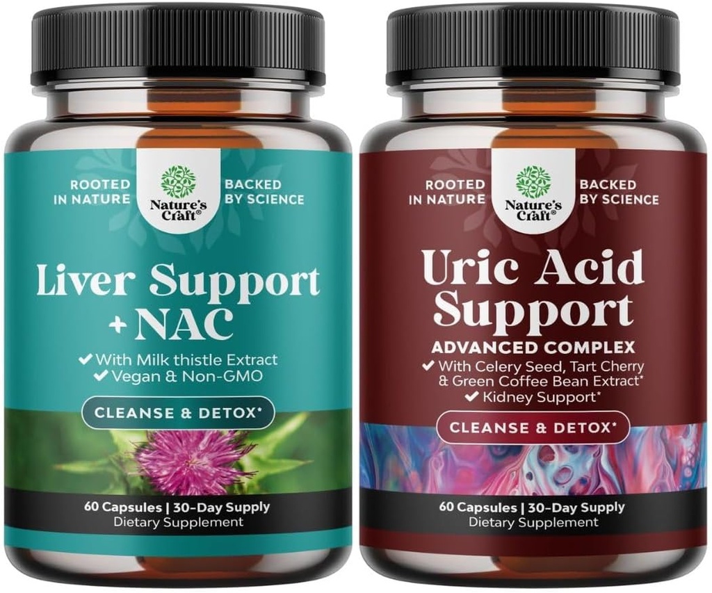 Bundle of Liver Support Supplement with NAC for Liver Cleanse and Vegan Uric Acid Cleanse and Detox for Men and Women's Joints Kidneys and More