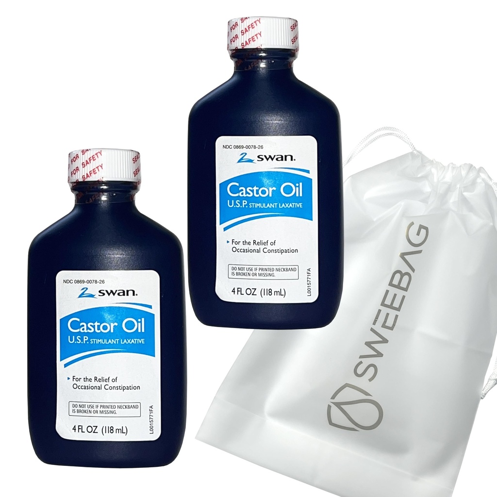 Sweebag SWAN Castor Oil USP 100% Stimulant Laxative for Relief of Occasional Constipation 4 Fl Oz (Pack of 2) Plus Bag Strong and Waterproof