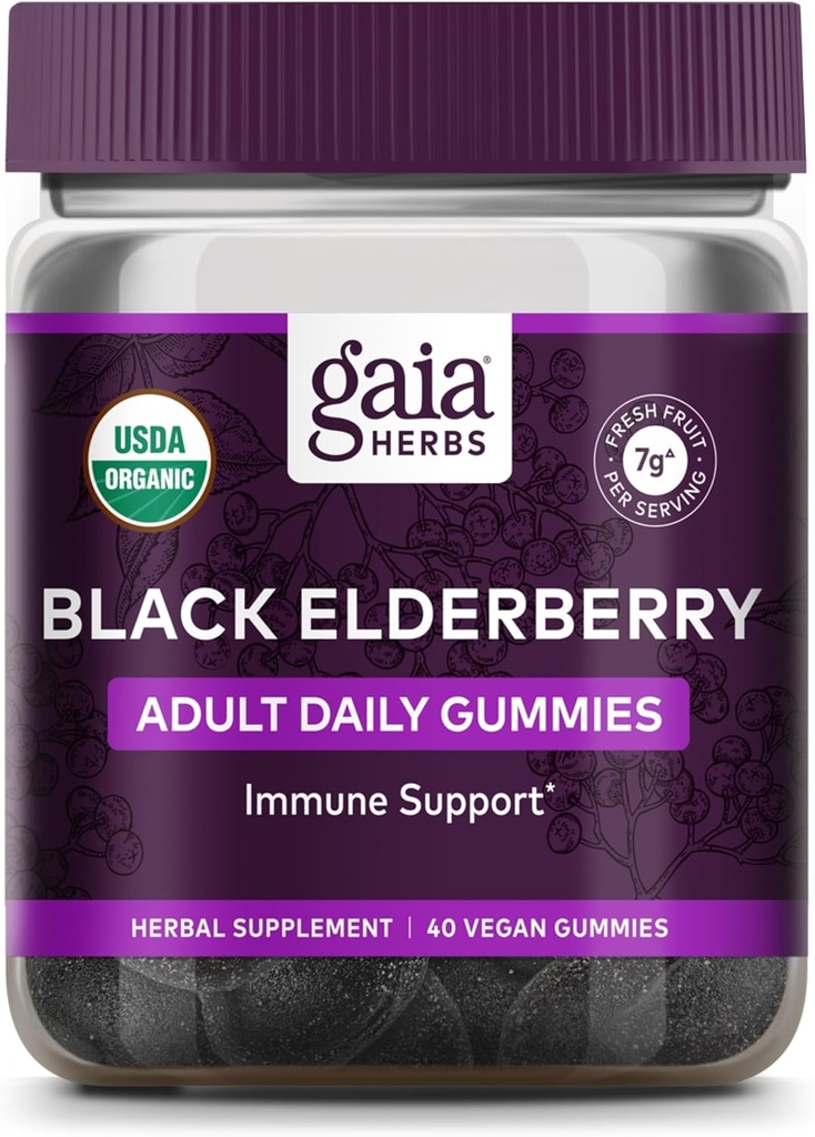 Gaia Herbs Black Elderberry Adult Daily Gummies - Delicious Immune Support Supplement - Made with Certified Organic Black Elderberries for Immune System Support, 40 Gummies (20-Day Supply)