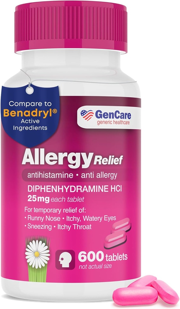 GenCare - Allergy Relief Medicine | Antihistamine Diphenhydramine 25mg (600 Tablets Per Bottle) Value Pack | Relieve for Itchy Eyes, Sneezing, Runny Nose | Seasonal or Indoor & Outdoor Allergies