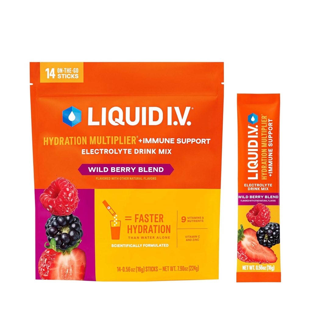 Liquid I.V.® Hydration Multiplier® +Immune Support - Wild Berry - Hydration Powder Packets | Electrolyte Powder Drink Mix | Convenient Single-Serving Sticks | Non-GMO |14 Servings (Pack of 12)